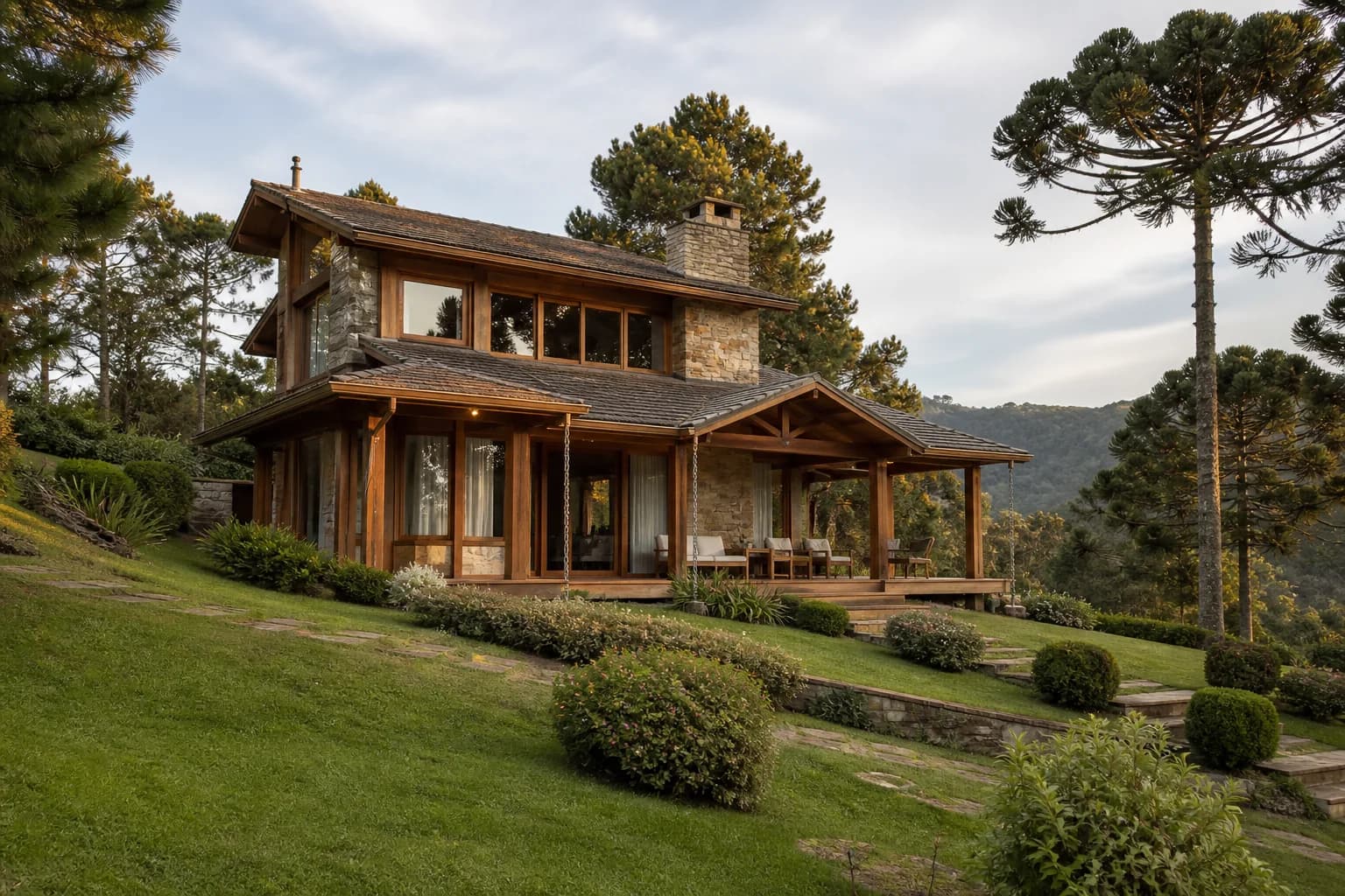 Casa de campo em madeira e pedra cercada por araucárias e jardim na serra