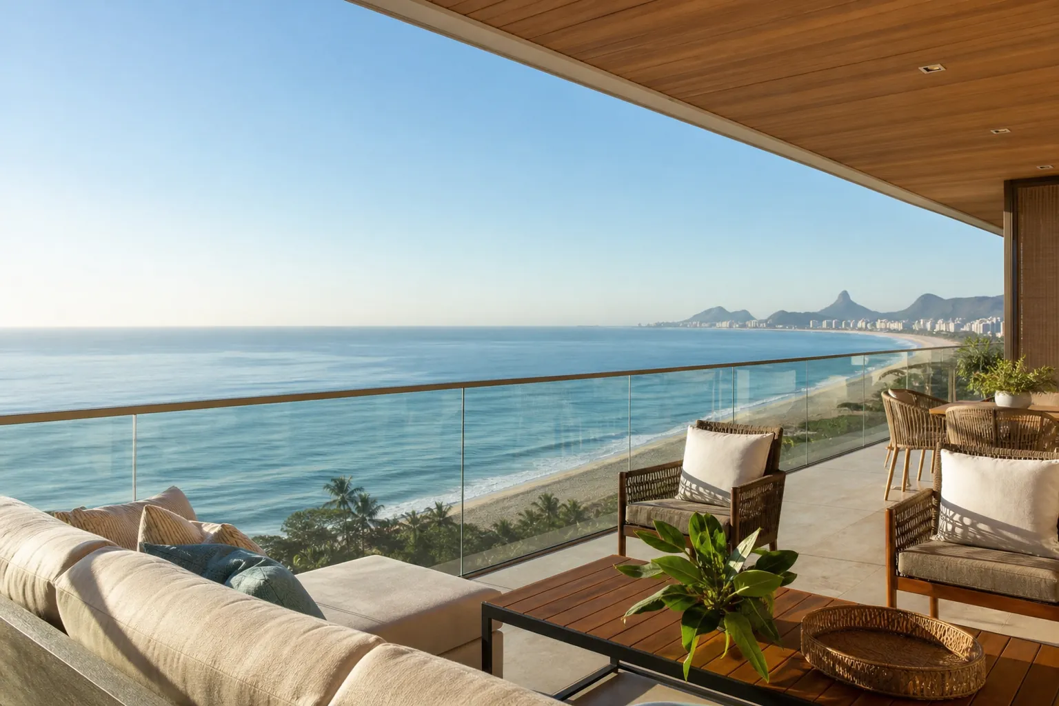Terraço sofisticado com vista ampla para o mar e a orla