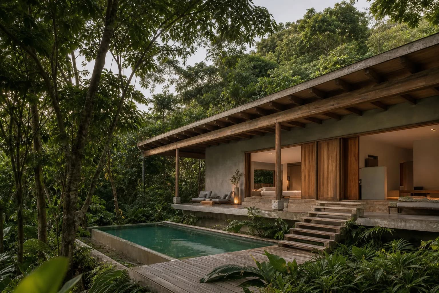 Casa moderna em meio à mata, com deck de madeira e piscina reservada